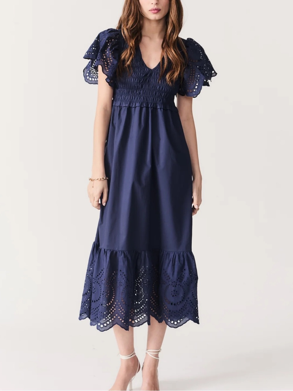 Dluc Avis Dress 100% Cotton Eyelet Smocked Midi Maxi Navy Blue Bluemarine Small